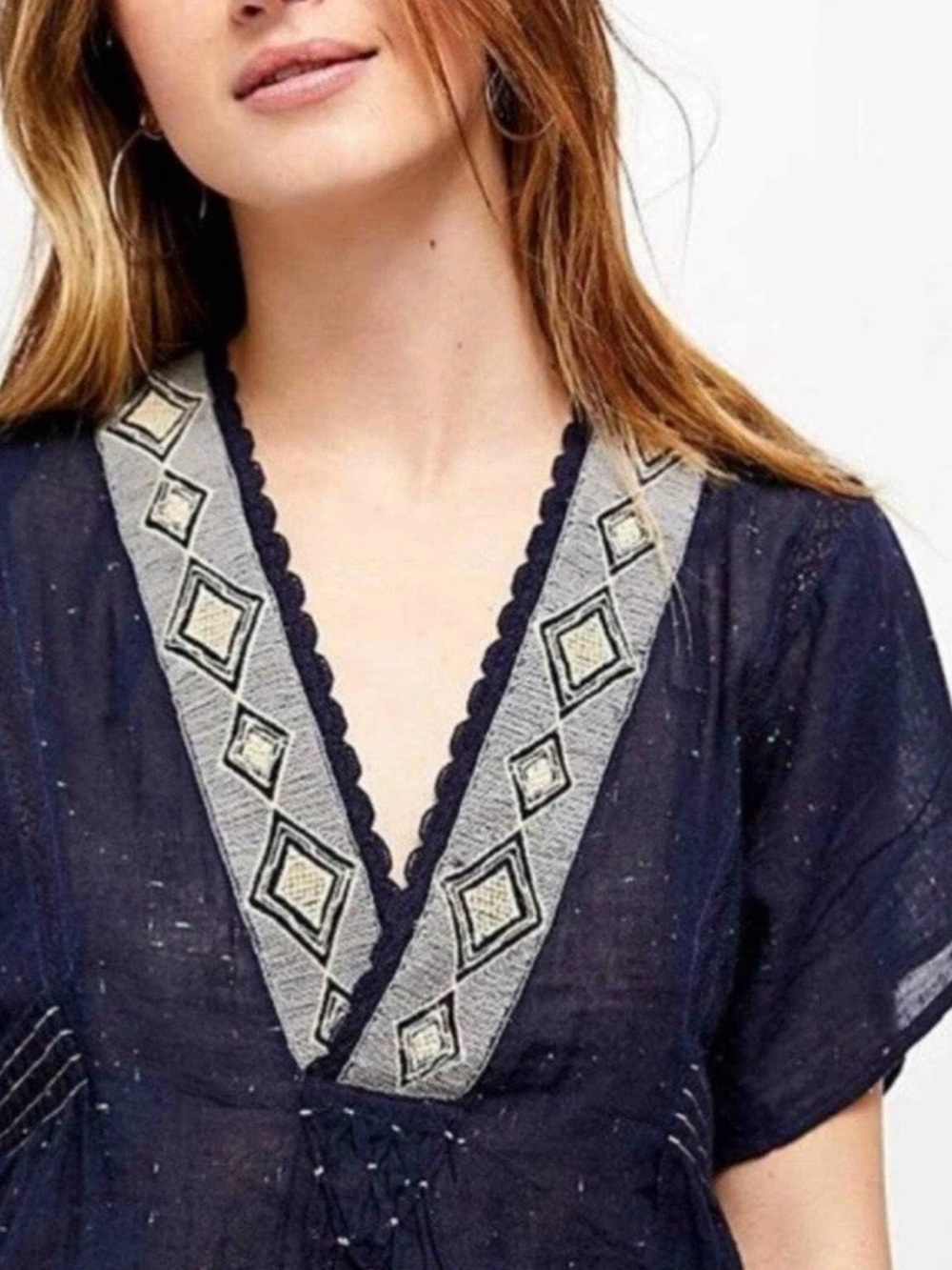 Free People Like‎ A Breeze Pullover Boho Embroidery Navy Blue Blouse Womens M